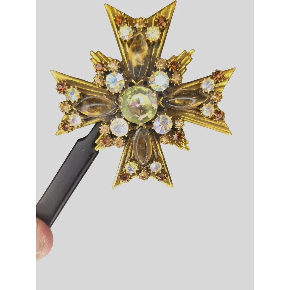 FLORENZA MALTESE CROSS BROOCH AB RHINESTONES CHOCOLATE NAVERETTE